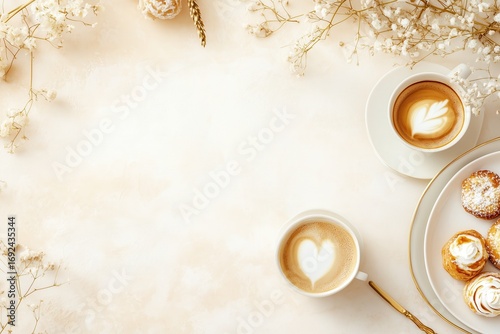 Xícara de café elegante com detalhes dourados, acompanhada de doces e decorações festivas em fundo branco, criada com IA generativa para um visual sofisticado e convidativo