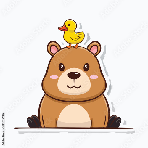 A funny, brown teddy bear cartoon illustration shows a cute and happy animal toy with a cheerful smile