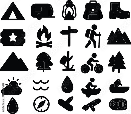 Outdoor adventure travel icons set for hiking camping and exploration