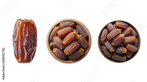 A single medjool date and two bowls of dates isolated on white background