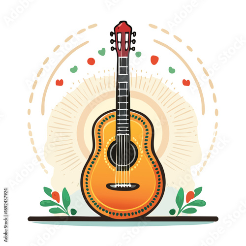 Acoustic guitar with a floral ornament isolated on a white background