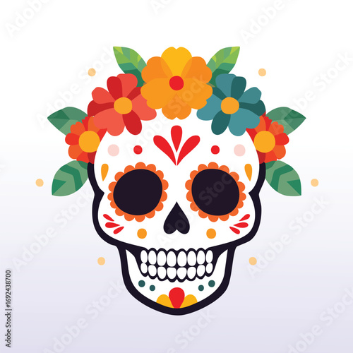 Colorful illustration of a sugar skull with floral crown, celebrating Day of the Dead.