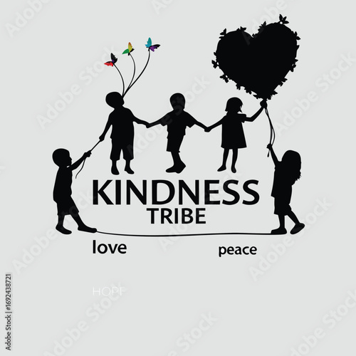 Diverse children holding hands forming a unity symbol with balloons and heart promoting kindness and love