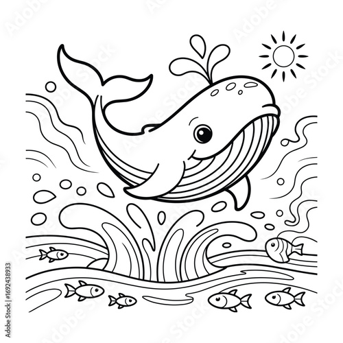 A black and white line art illustration of a happy whale spouting water surrounded by fish and waves under a smiling sun