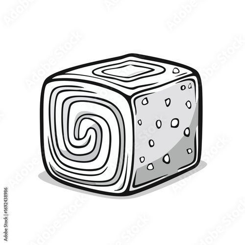 Black and white illustration of a cube-shaped dessert with a spiral pattern on one side.