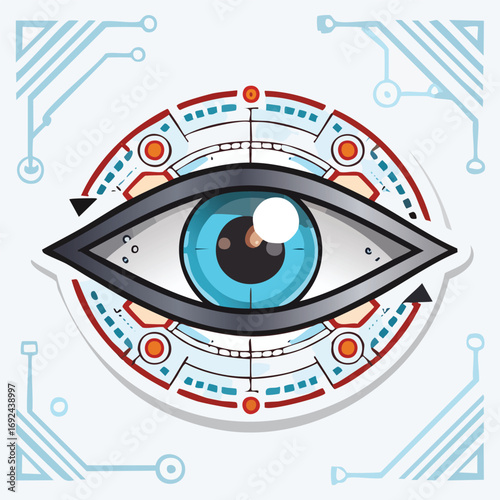 Illustration of a futuristic eye with a technological design, featuring a blue iris and intricate details.