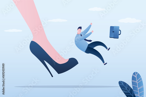 Female foot kicking tiny businessman who is flying away. Losing job, unemployment, finance crisis. Woman boss dismiss male employee. Strong woman kicks out boyfriend,