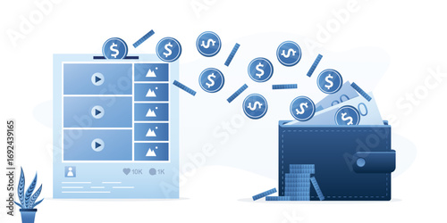 Video and media content monetization. E-commerce, earnings. Money falls into wallet. Mobile business strategy. Video marketing for making of money from video on website.