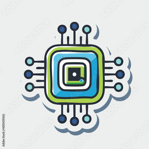 Colorful illustration of a computer processor chip with a square design and multiple connection points.