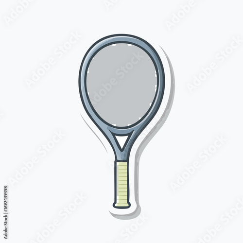 Illustration of a tennis racket with a gray head and a yellow grip, sticker style.