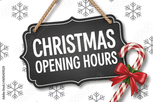 Black chalkboard sign with Christmas opening hours text and candy cane image