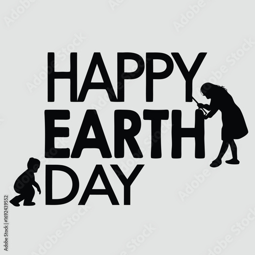 Happy earth day minimalist graphic people interacting with text for environmental awareness