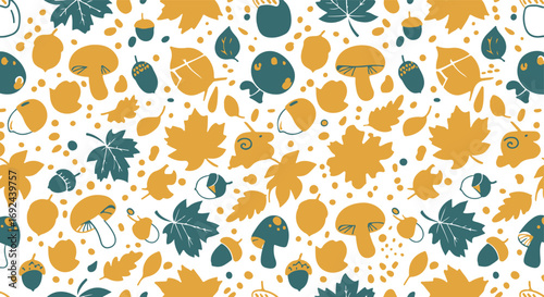 Autumn seamless pattern with leaves mushrooms and acorns in yellow and teal colors simple and cute