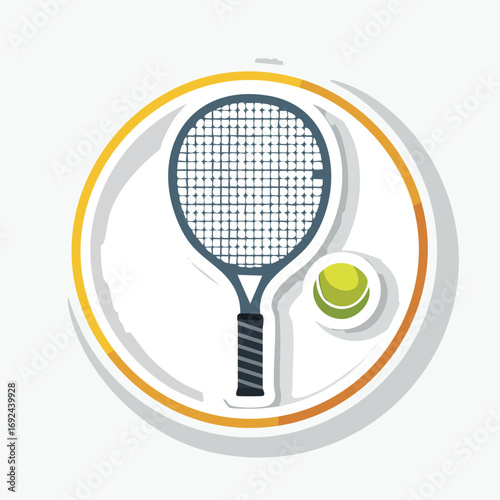 A tennis racket and ball illustration inside a white and yellow circular sticker.