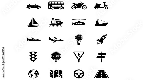 Silhouette Transportation Icon Set - Vehicles, Travel, Navigation and Road Symbols.