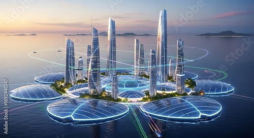 Futuristic Floating City Concept - Sustainable Urban Design and Ocean Living.