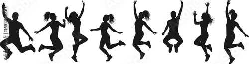 Silhouettes of joyful group jumping high in air, expressing happiness, energy, celebration, freedom, motion, active lifestyle, togetherness, fun, exercise.