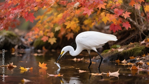 Egret Catching Fish by Autumn Stream
