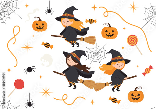 Cute cartoon witches flying on broomsticks with pumpkins and candy for halloween celebration