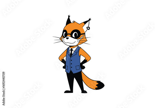 Clever cartoon fox character wearing glasses and a vest with hands on hips