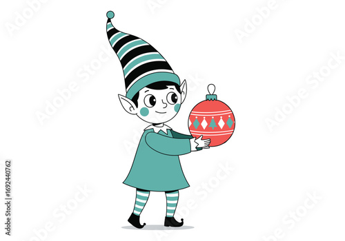 A cute christmas elf character wearing a striped hat and holding a festive ornament decoration