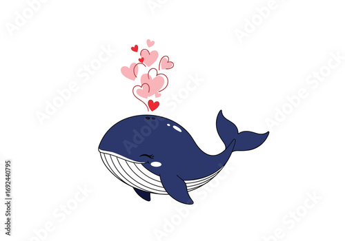 Charming blue whale exhales a whimsical spray of pink hearts