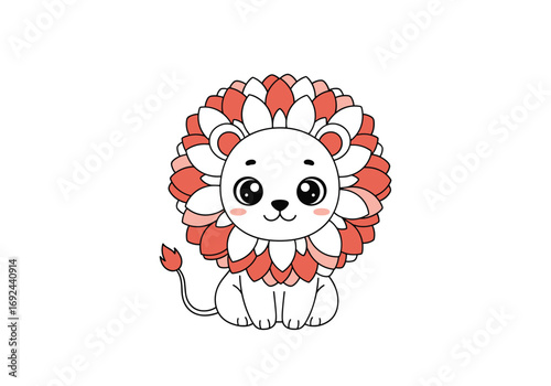 Cute little lion cub with flower mane sitting adorably with big eyes