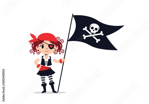 Adorably illustrated young pirate girl holding a skull and crossbones flag ready for adventure