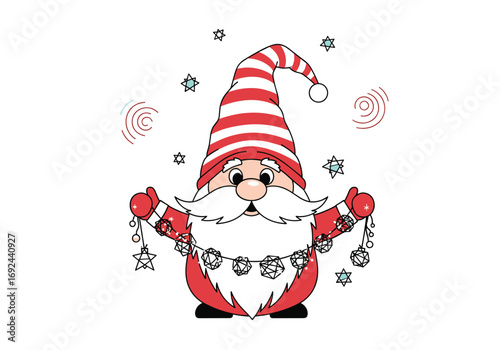 Charming santa claus gnome wearing striped hat holding sparkly christmas garland decoration with festive stars
