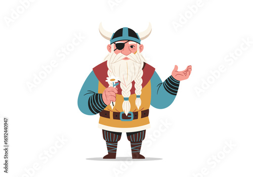 Cartoon viking warrior with beard and horned helmet offering something