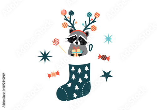 Cute raccoon wearing antlers holds a christmas gift beside stocking and candies