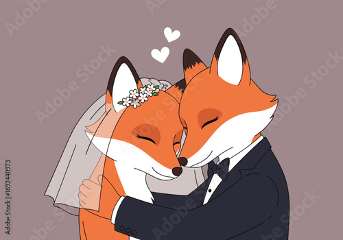 Two adorable foxes celebrating their wedding day together in sweet embrace