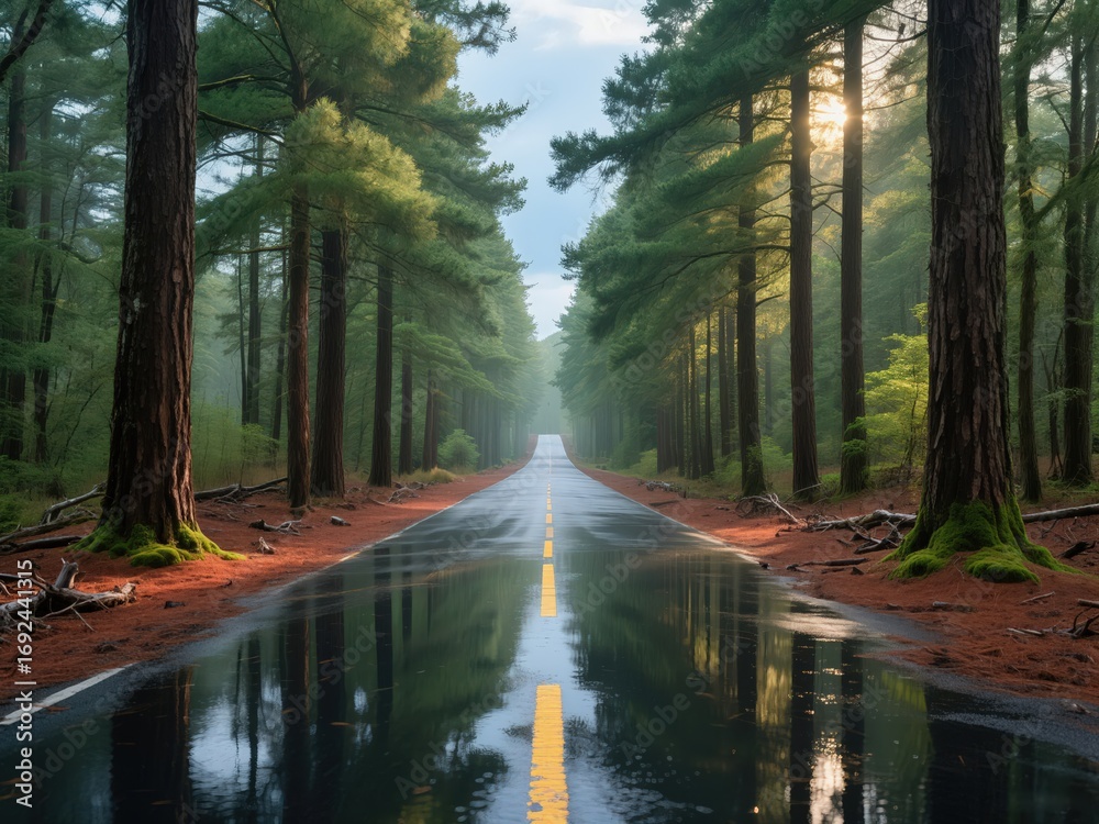 Obraz premium Reflective Road in Forest After Rain