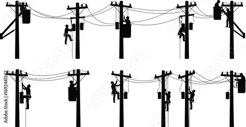 Silhouettes of linemen working on utility poles, climbing, repairing, maintaining power lines with safety gear and bucket truck vector illustration
