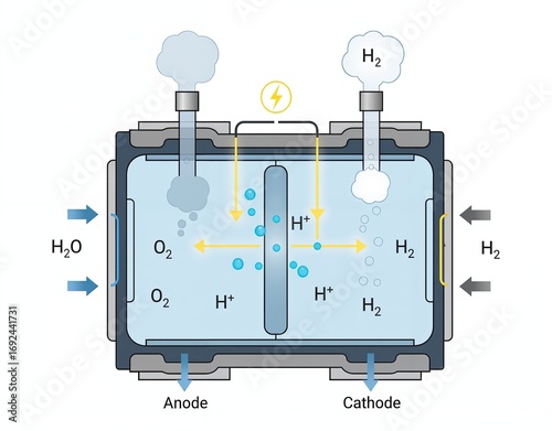 A schematic diagram of a PEM water electrolyzer for green hydrogen production. This illustration shows the process of splitting water molecules into hydrogen and oxygen using electricity