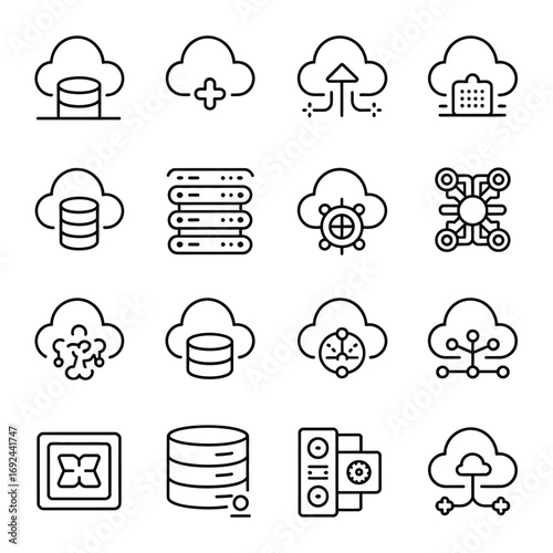 Cloud computing icons set data storage network security and connectivity symbols silhouette vector illustration white background