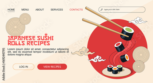 Japanese Sushi Rolls Recipes landing webpage template with sushi set