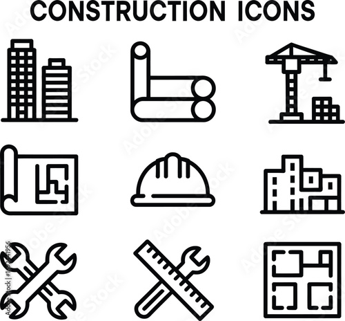 Construction & Architecture Icon Grid – Black and White Vector Illustrations of Buildings, Blueprints, Tools, and Safety Gear