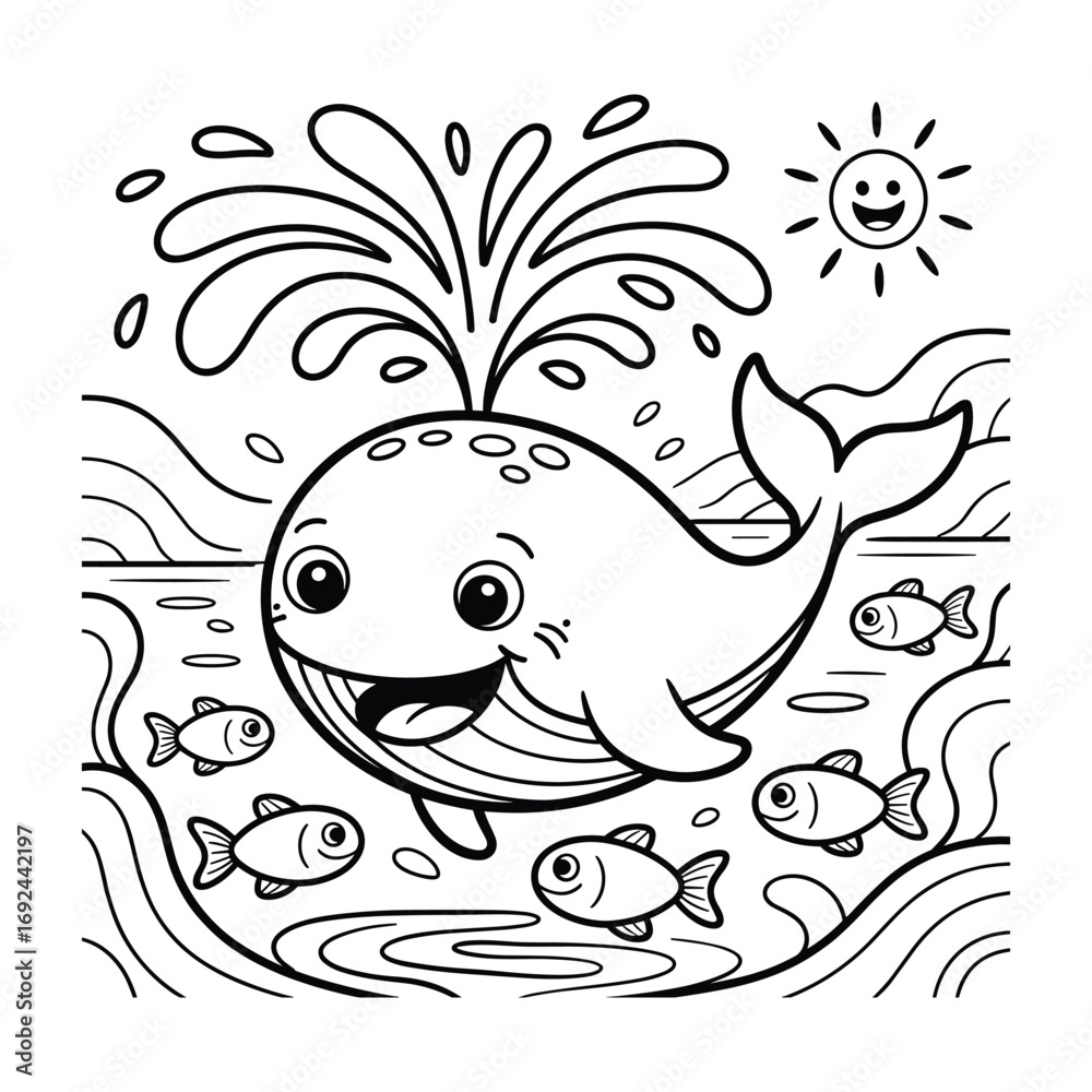 Fototapeta premium A happy whale spouting water surrounded by fish and a smiling sun in a black and white line art illustration