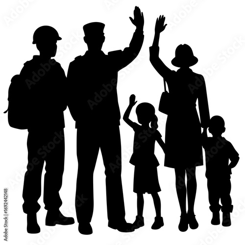 Silhouette of a military family waving goodbye