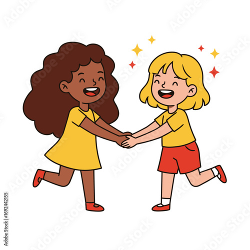 Joyful diverse little girls holding hands, smiling and playing, celebrating friendship and childhood