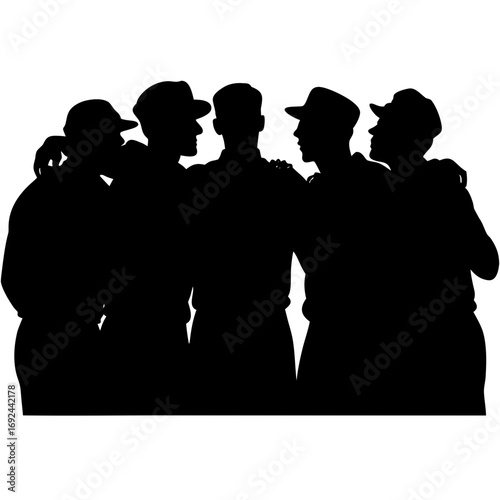 Silhouette of five men wearing hats standing together with arms around shoulders