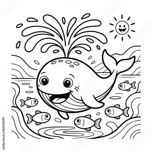 A happy whale spouting water surrounded by fish and a smiling sun in a black and white line art illustration