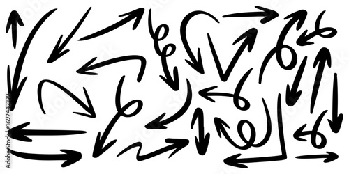 bold set of hand drawn arrows with thick strokes and playful doodle design. Ideal for presentations, creative highlights, infographic elements, web design, and decorative purposes.