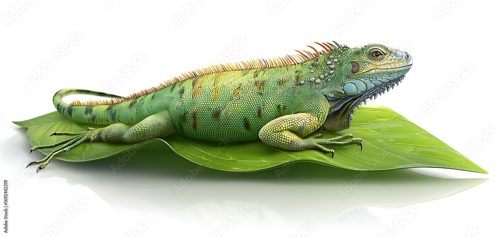 Fototapeta premium Iguana emoji icon sunbathing on green leaf surface with soft reflections