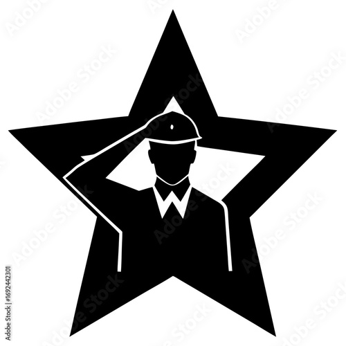 Soldier saluting in front of a star emblem
