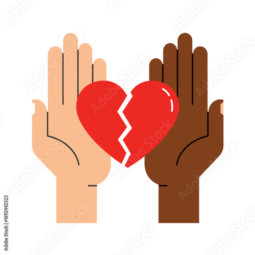 Broken Heart and Diverse Hands Vector Icon: Relationship Problems, Separation, Social Disconnect