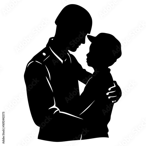 Soldier embraces child in tender silhouette moment