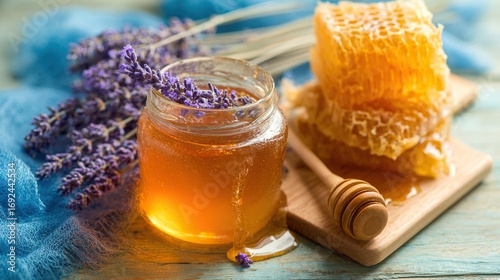 A bottle of honey, next to some lavender, placed on a wooden table, accompanied by a wooden stick and a beehive, suitable for social media or a computer desktop.