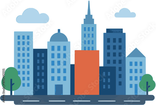 Flat Design City Skyline Illustration with Modern Buildings